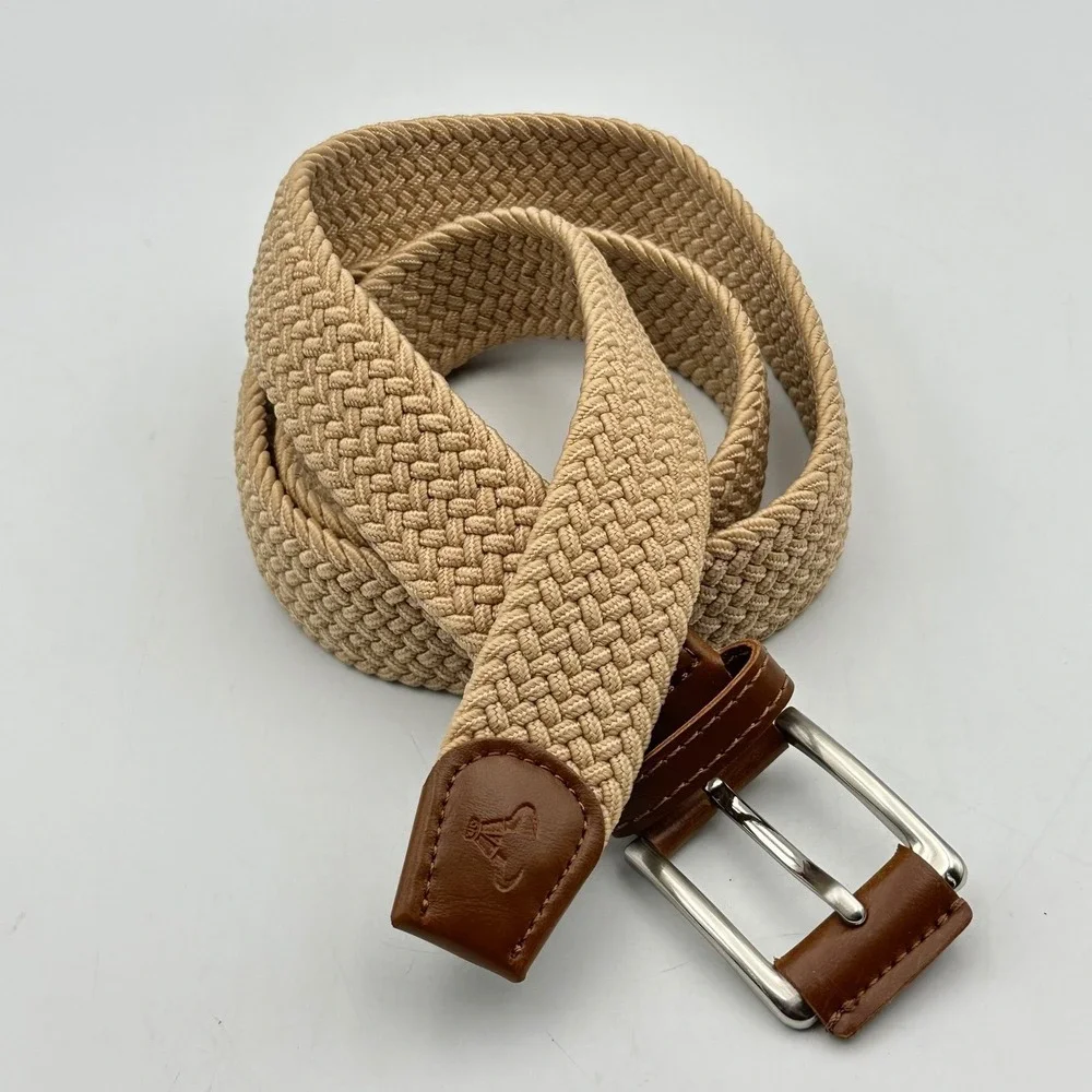 Tan Braided Elastic Stretch Belt Brown Faux Leather Trim Bull Logo Sz 125cm XL